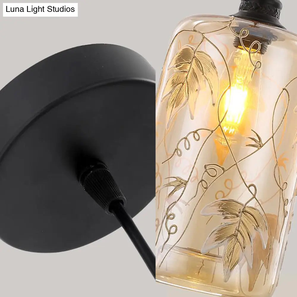 Modern Amber Glass Hanging Light: Cylindrical Pendant Lamp With Leaf Pattern For Bedroom