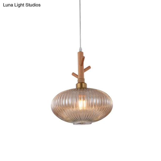 Modern Amber Glass Prismatic Pendant Lamp With Wooden Branch Cap - 1 Bulb Suspension