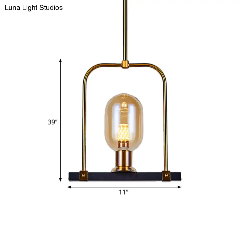 Amber Glass Bird Cage Pendant Light - Post Modern Oval Shape Single Bulb Black-Gold Hanging Kit