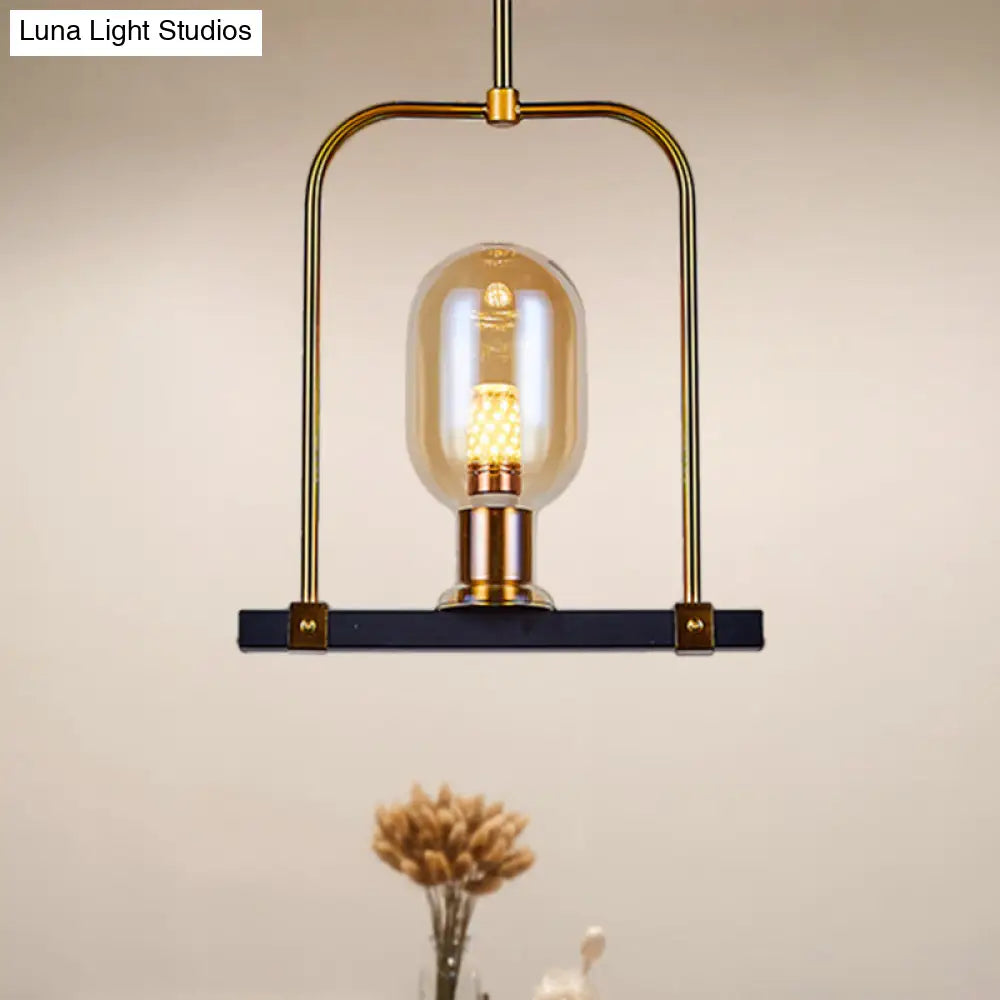 Amber Glass Bird Cage Pendant Light - Post Modern Oval Shape Single Bulb Black-Gold Hanging Kit