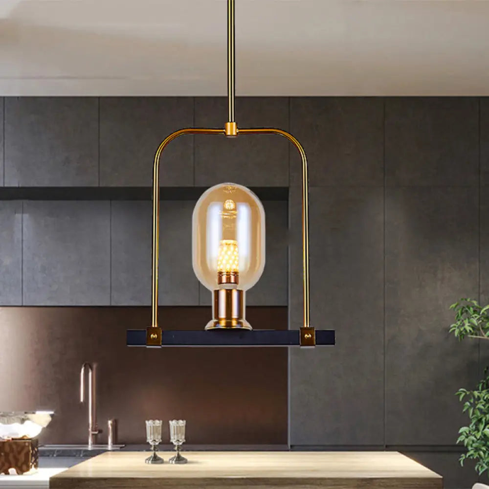 Modern Amber Glass Pendant Light With Bird Cage Design - Oval Shape Single Bulb Black/Gold