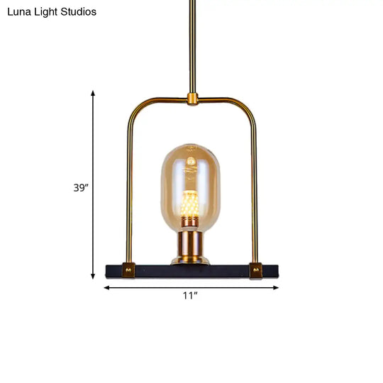 Modern Amber Glass Pendant Light With Bird Cage Design - Oval Shape Single Bulb Black/Gold