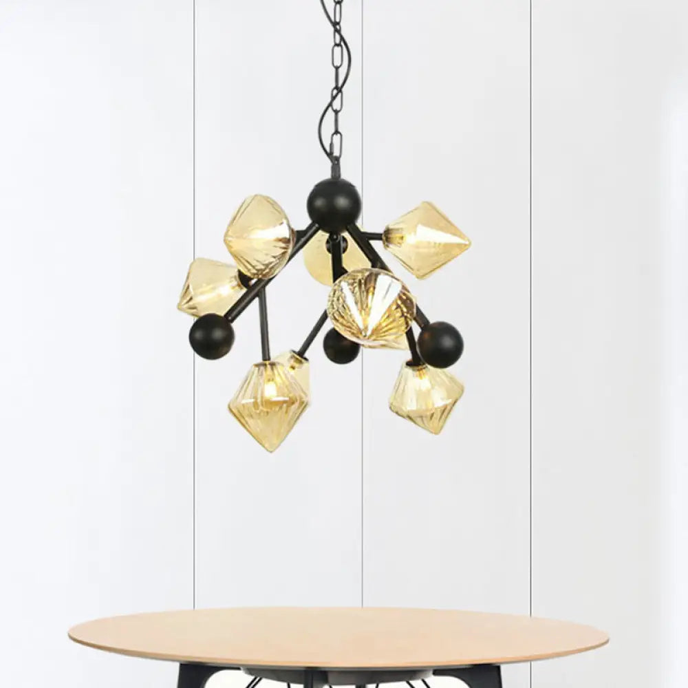 Modern Amber Glass Pyramid Chandelier - 9 Head Pendant Light For Dining Room Ceiling