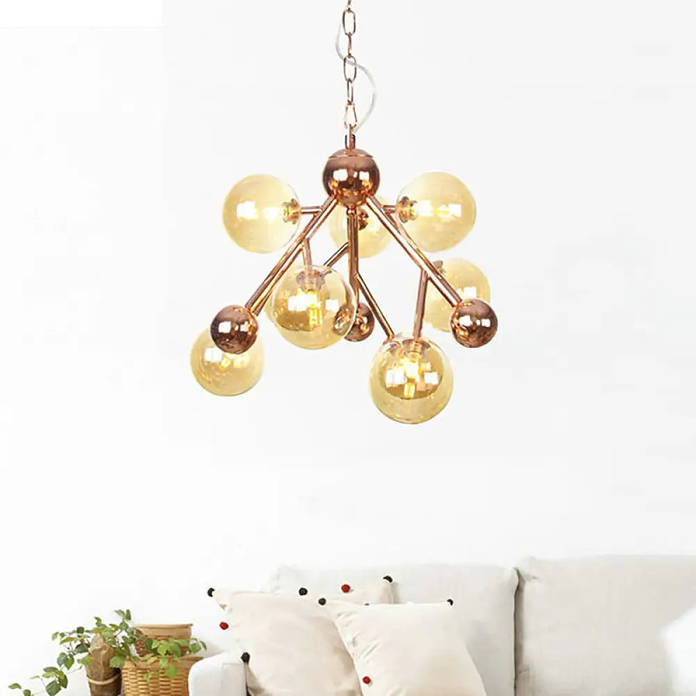 Modern Amber Glass Spherical 9-Light Chandelier For Living Room Ceiling