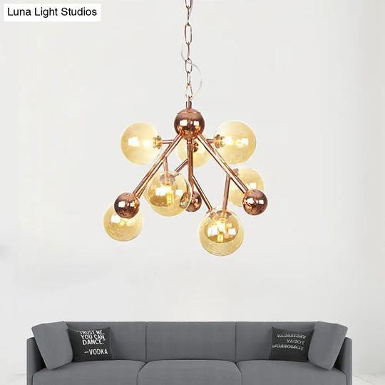 Sophisticated Amber Glass Spherical Chandelier - Modern 9-Head Ceiling Suspension Lamp For Living