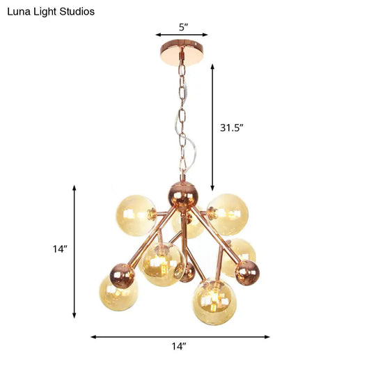 Modern Amber Glass Spherical 9-Light Chandelier For Living Room Ceiling