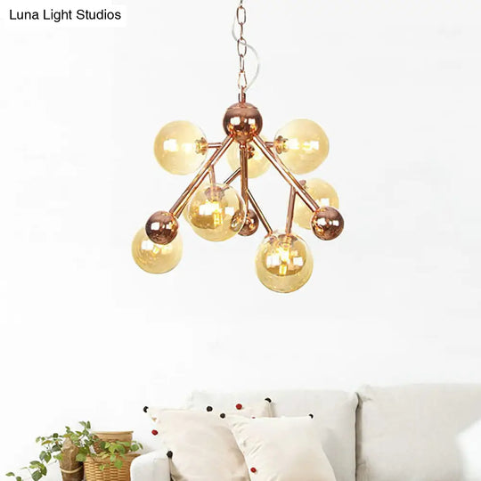 Sophisticated Amber Glass Spherical Chandelier - Modern 9-Head Ceiling Suspension Lamp For Living