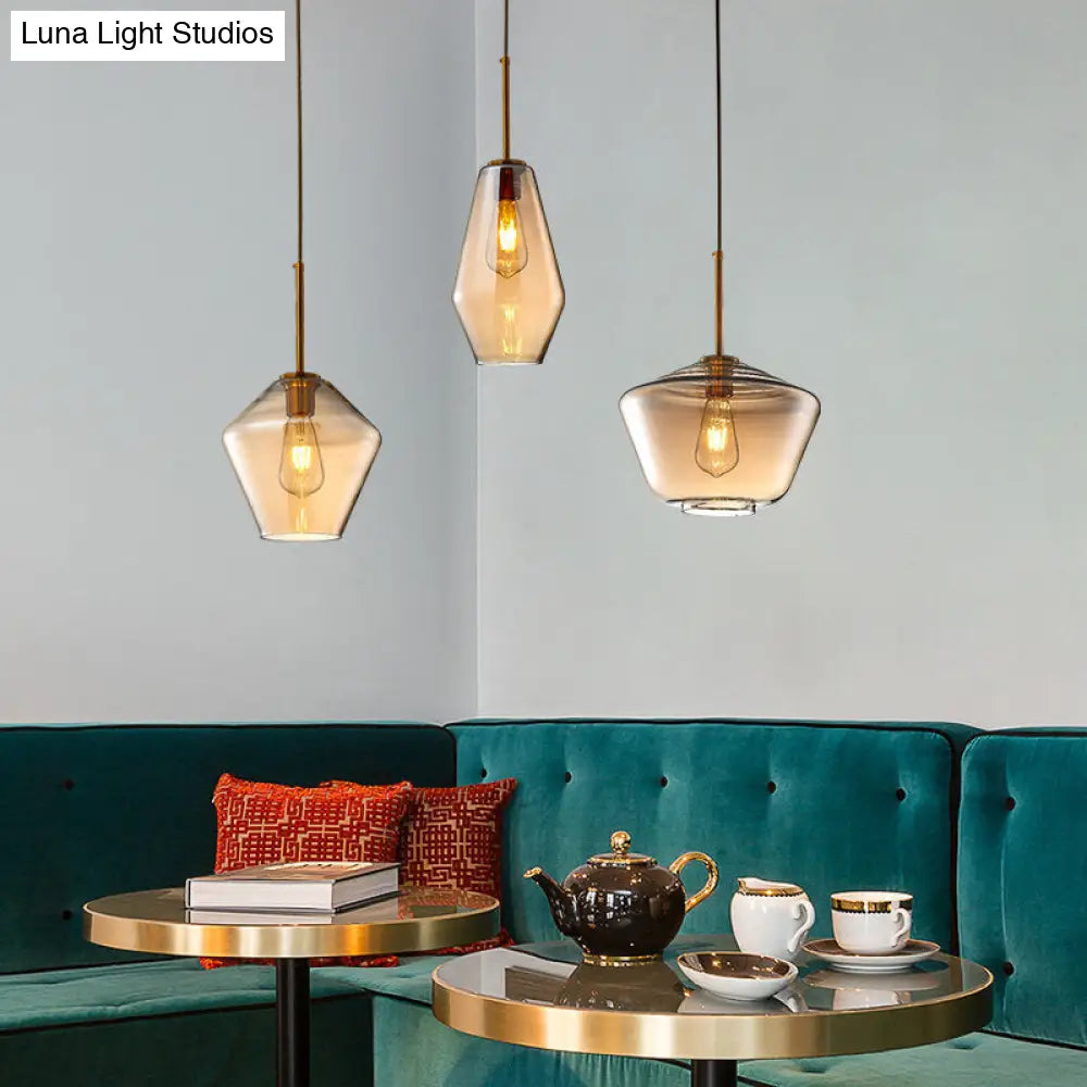 Modern Amber Pendant Lamp For Dining Room - Triangle Drum Cone Glass Shade 1 Light 6.5/9/12 Wide