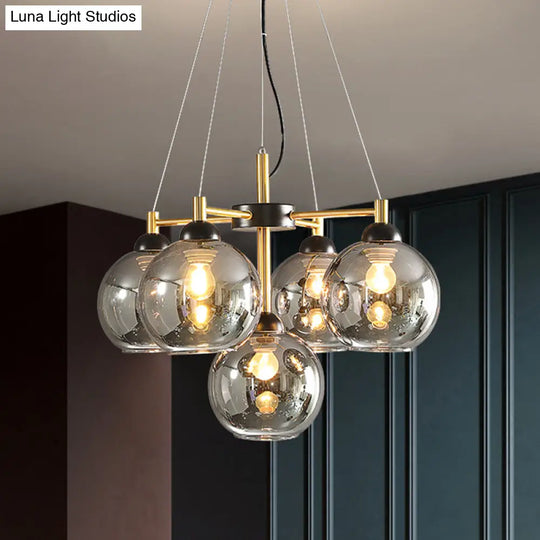 Modern Amber/Smoke Grey Glass Spherical Chandelier With 5 Black Pendant Light Heads Smoke Gray