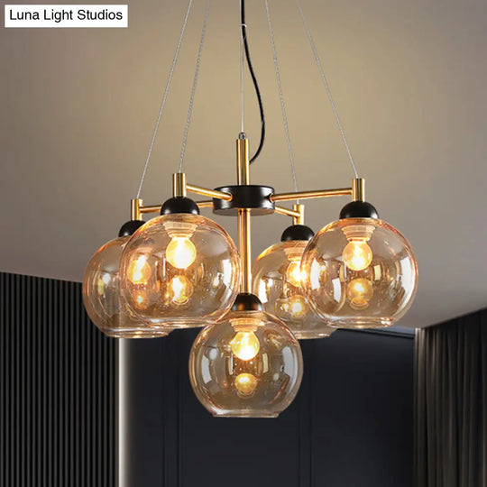 Modern Amber/Smoke Grey Glass Spherical Chandelier With 5 Black Pendant Light Heads Amber