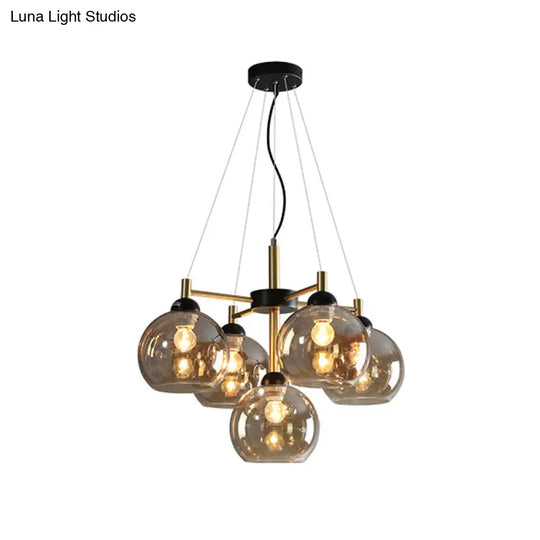 Modern Amber/Smoke Grey Glass Spherical Chandelier With 5 Black Pendant Light Heads