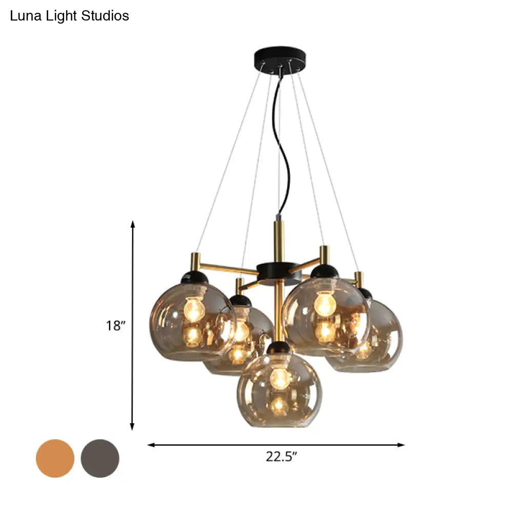 Modern Amber/Smoke Grey Glass Chandelier With Black Finish - 5 Head Pendant Lighting Fixture