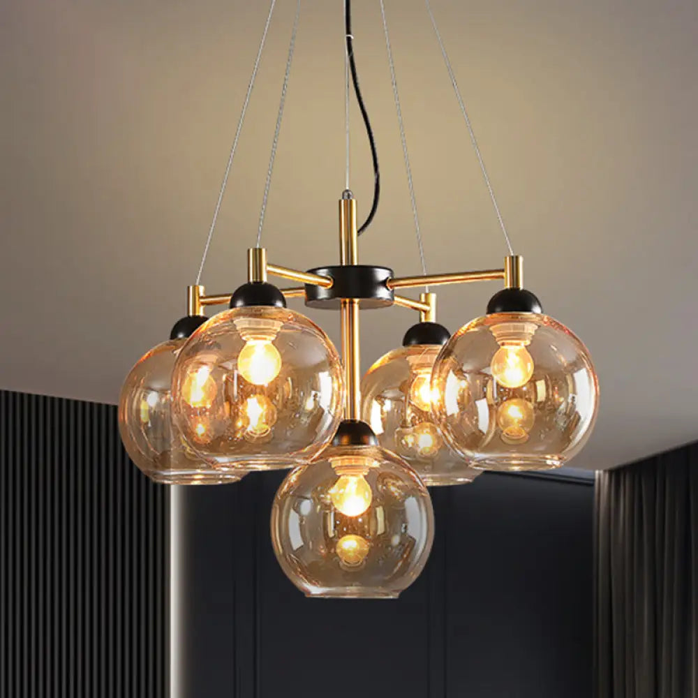 Modern Amber/Smoke Grey Glass Chandelier With Black Finish - 5 Head Pendant Lighting Fixture Amber