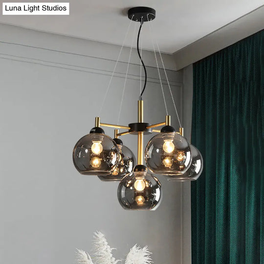 Modern Amber/Smoke Grey Glass Spherical Chandelier With 5 Black Pendant Light Heads