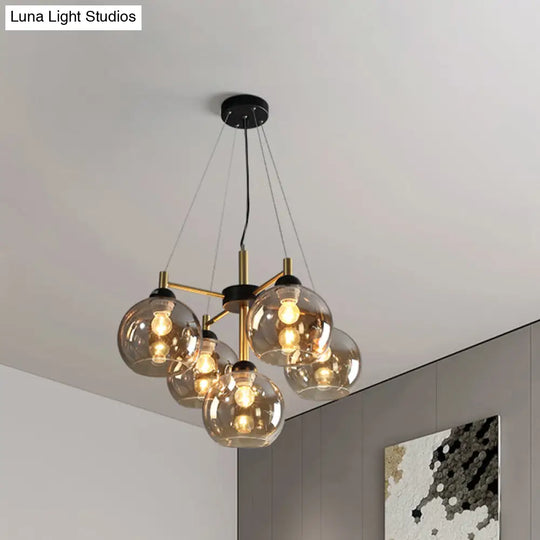 Modern Amber/Smoke Grey Glass Chandelier With Black Finish - 5 Head Pendant Lighting Fixture