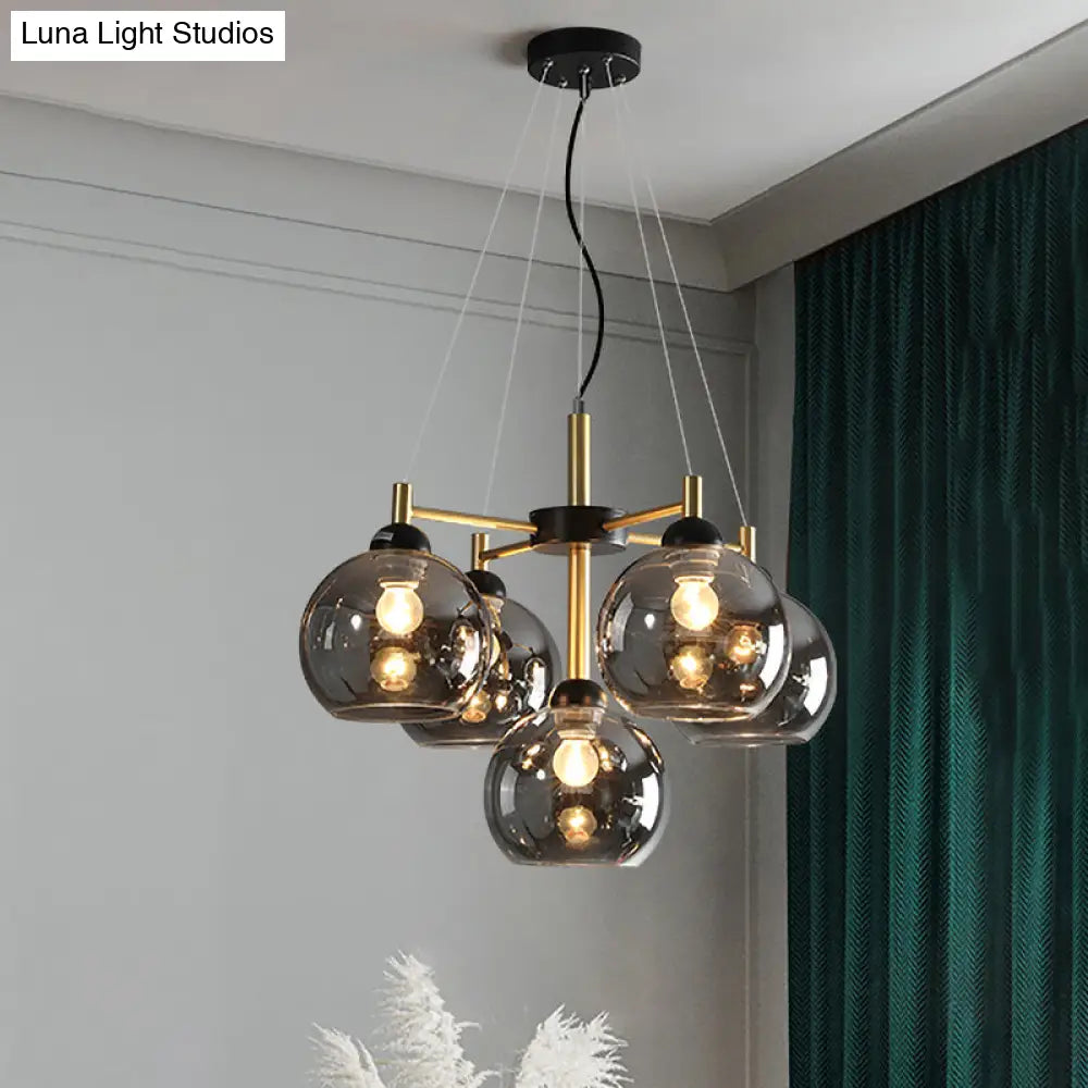 Modern Amber/Smoke Grey Glass Chandelier With Black Finish - 5 Head Pendant Lighting Fixture