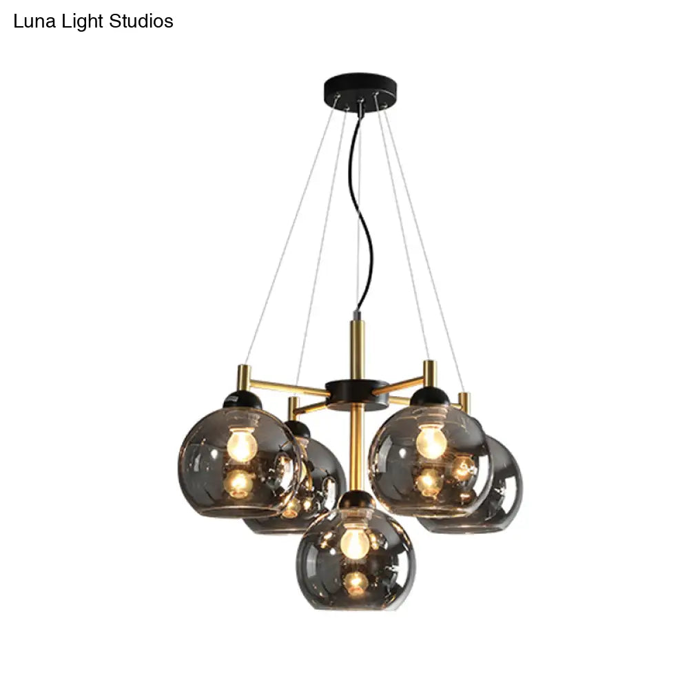 Modern Amber/Smoke Grey Glass Spherical Chandelier With 5 Black Pendant Light Heads