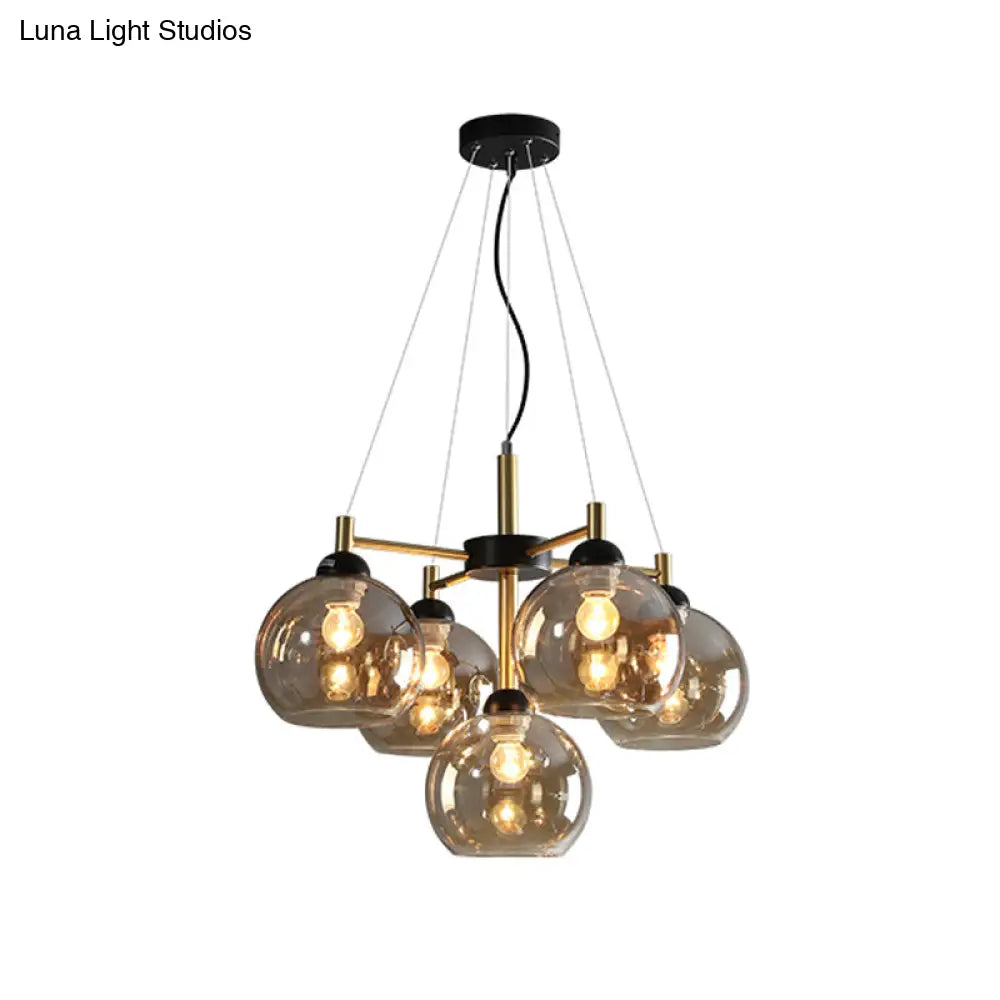 Modern Amber/Smoke Grey Glass Chandelier With Black Finish - 5 Head Pendant Lighting Fixture