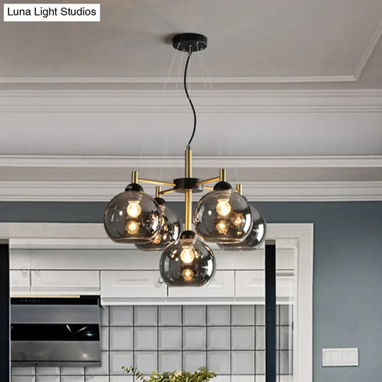 Modern Amber/Smoke Grey Glass Spherical Chandelier With 5 Black Pendant Light Heads