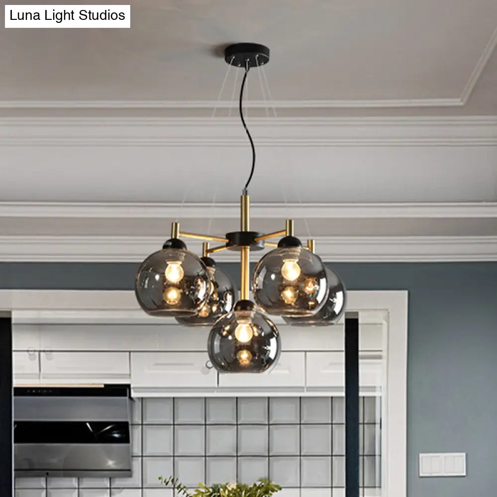 Modern Amber/Smoke Grey Glass Chandelier With Black Finish - 5 Head Pendant Lighting Fixture