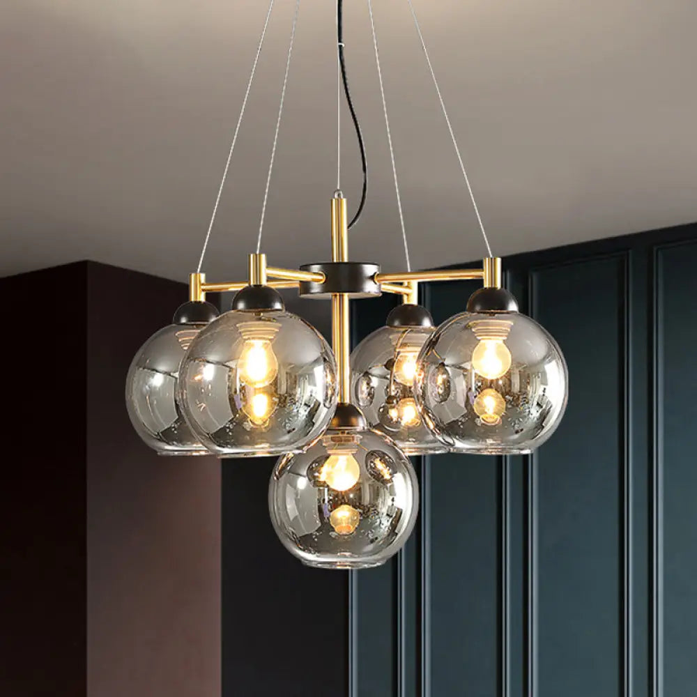 Modern Amber/Smoke Grey Glass Chandelier With Black Finish - 5 Head Pendant Lighting Fixture Smoke