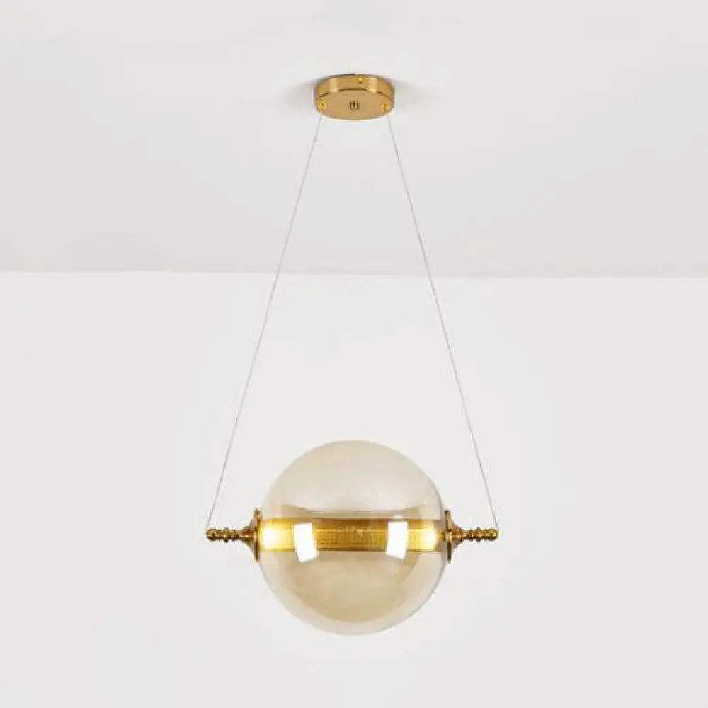 Modern Amber/Smoke/Tan Glass Ball Pendant Light For Bedroom - Led Ceiling Fixture Amber
