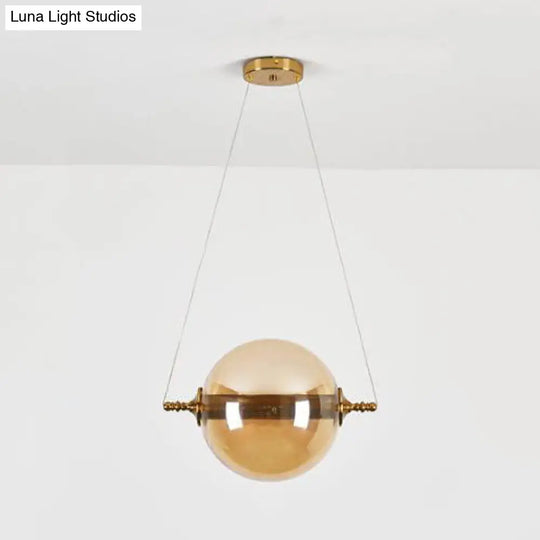 Modern Amber/Smoke/Tan Glass Ball Pendant Light For Bedroom - Led Ceiling Fixture