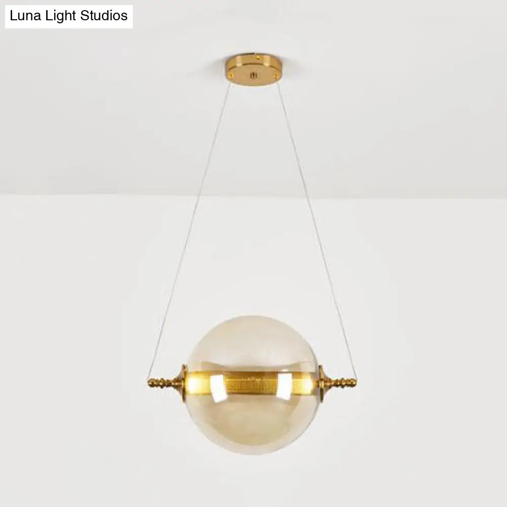 Modern Ball Pendant Amber/Smoke/Tan Glass Bedroom Ceiling Led Fixture Amber