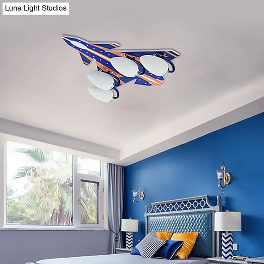 Modern American Style Wood Ceiling Lamp - Plane Shade Study Room Mount 4 Lights Blue