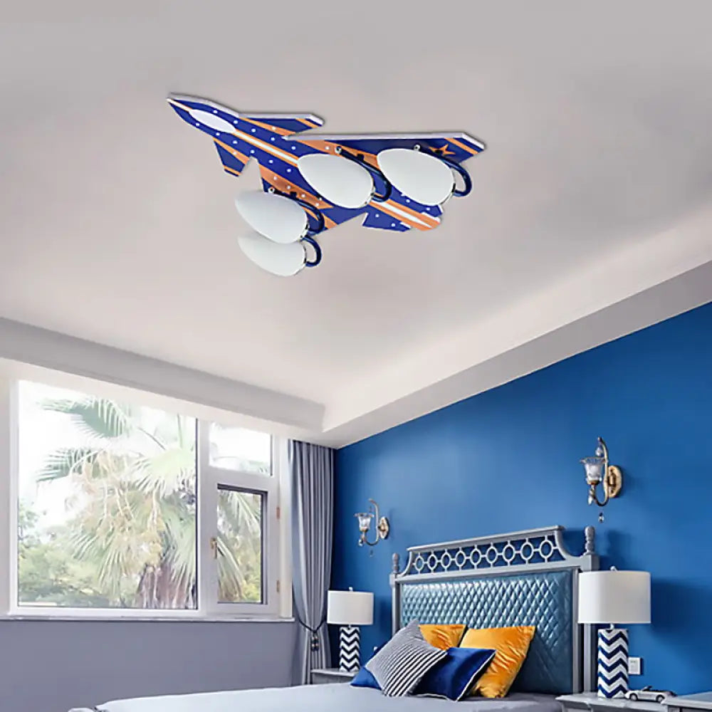 Modern American Style Wood Ceiling Lamp - Plane Shade Study Room Mount 4 Lights Blue