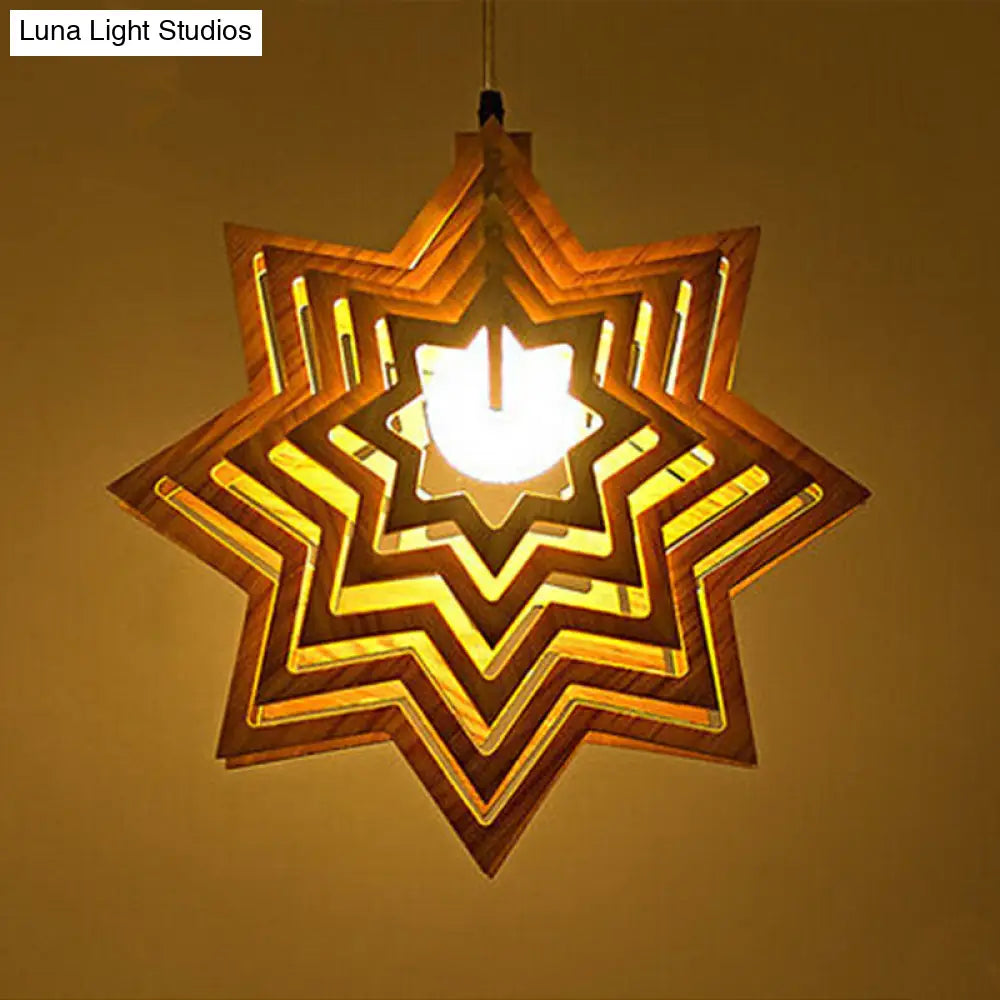 Modern Wooden Anise Star Pendant Lamp - Beige Hollowed-Out Design Living Room 1 Head Wood