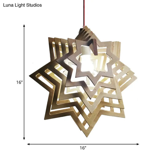 Modern Wooden Anise Star Pendant Lamp - Beige Hollowed-Out Design Living Room 1 Head