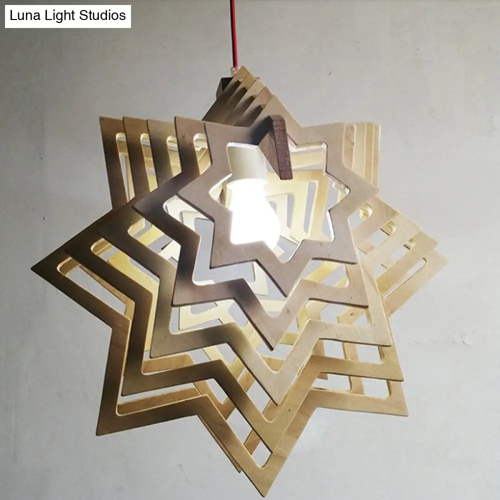 Modern Wooden Anise Star Pendant Lamp - Beige Hollowed-Out Design Living Room 1 Head