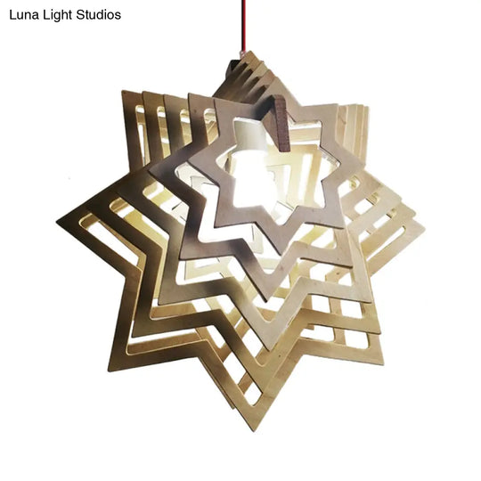 Modern Wooden Anise Star Pendant Lamp - Beige Hollowed-Out Design Living Room 1 Head