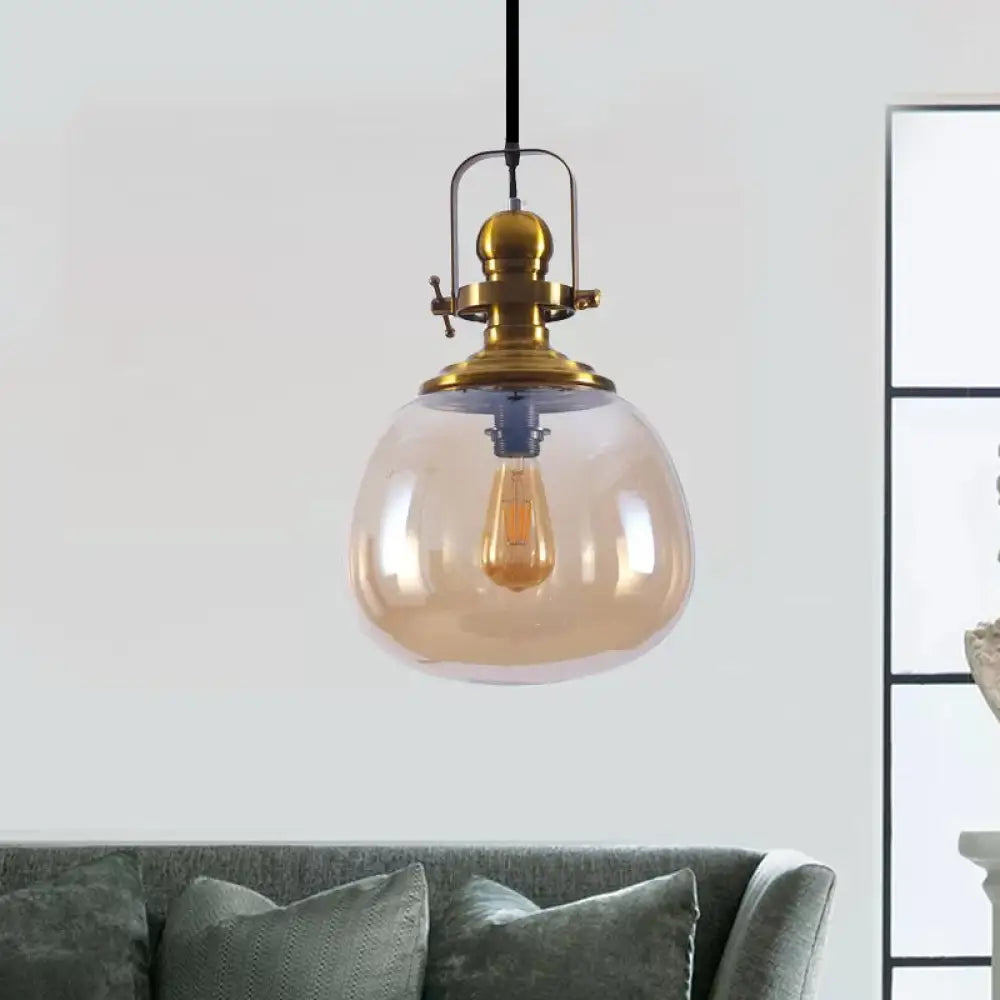 Modern Antique Brass Amber Glass Pendant Light For Living Room - 1 Round Ceiling Lamp