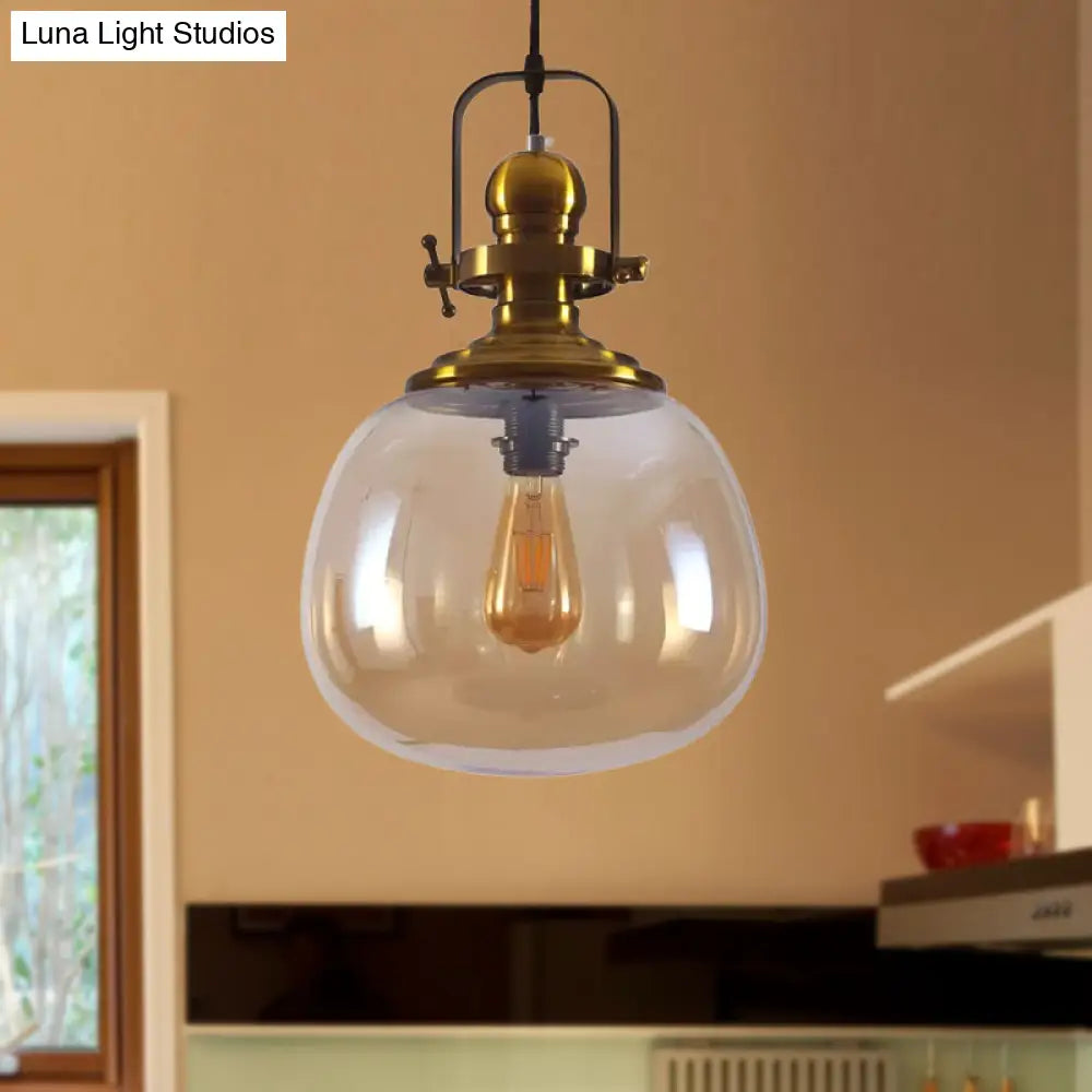 Modern Antique Brass Amber Glass Pendant Light For Living Room - 1 Round Ceiling Lamp