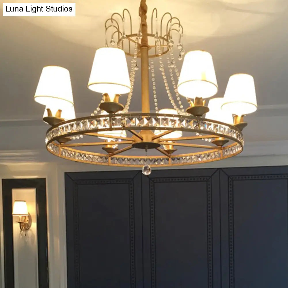 Modern Antique Brass Chandelier: 6-Bulb Pendant Light Fixture With Fabric Cone Shade For Living Room