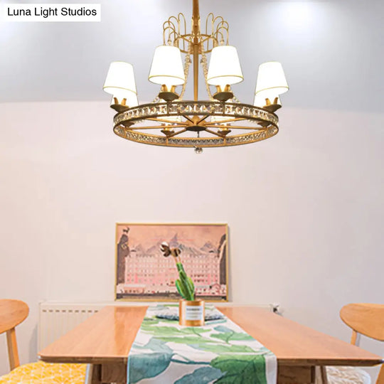 Modern Antique Brass Chandelier: 6-Bulb Pendant Light Fixture With Fabric Cone Shade For Living Room