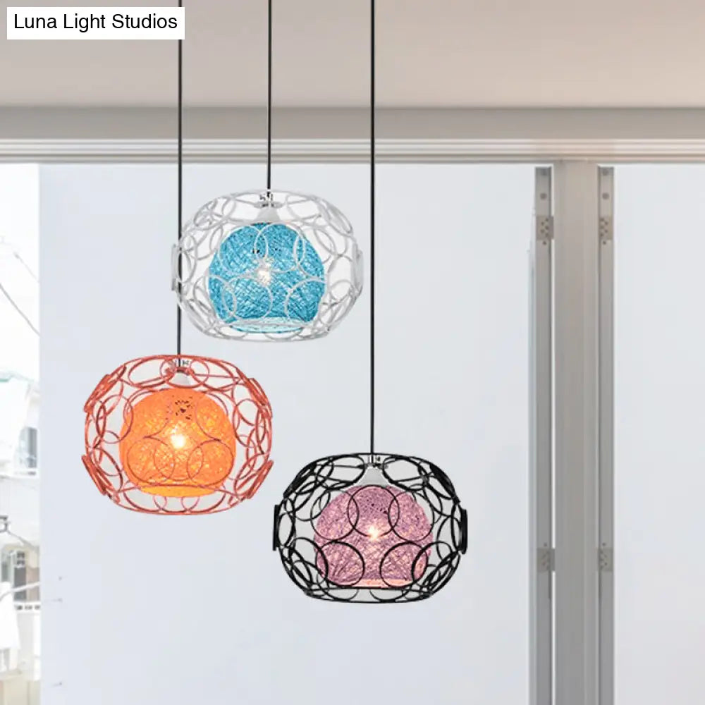 Modern Asia 3-Light Rattan Globe Ceiling Pendant With Colorful Shades And Black Canopy