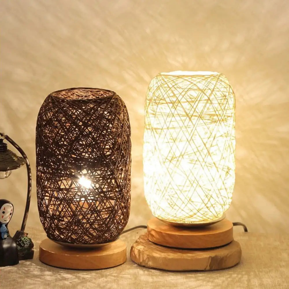 Modern Asian Bamboo Rattan Capsule Night Table Light - 1-Light Beige/Coffee Lamp Beige