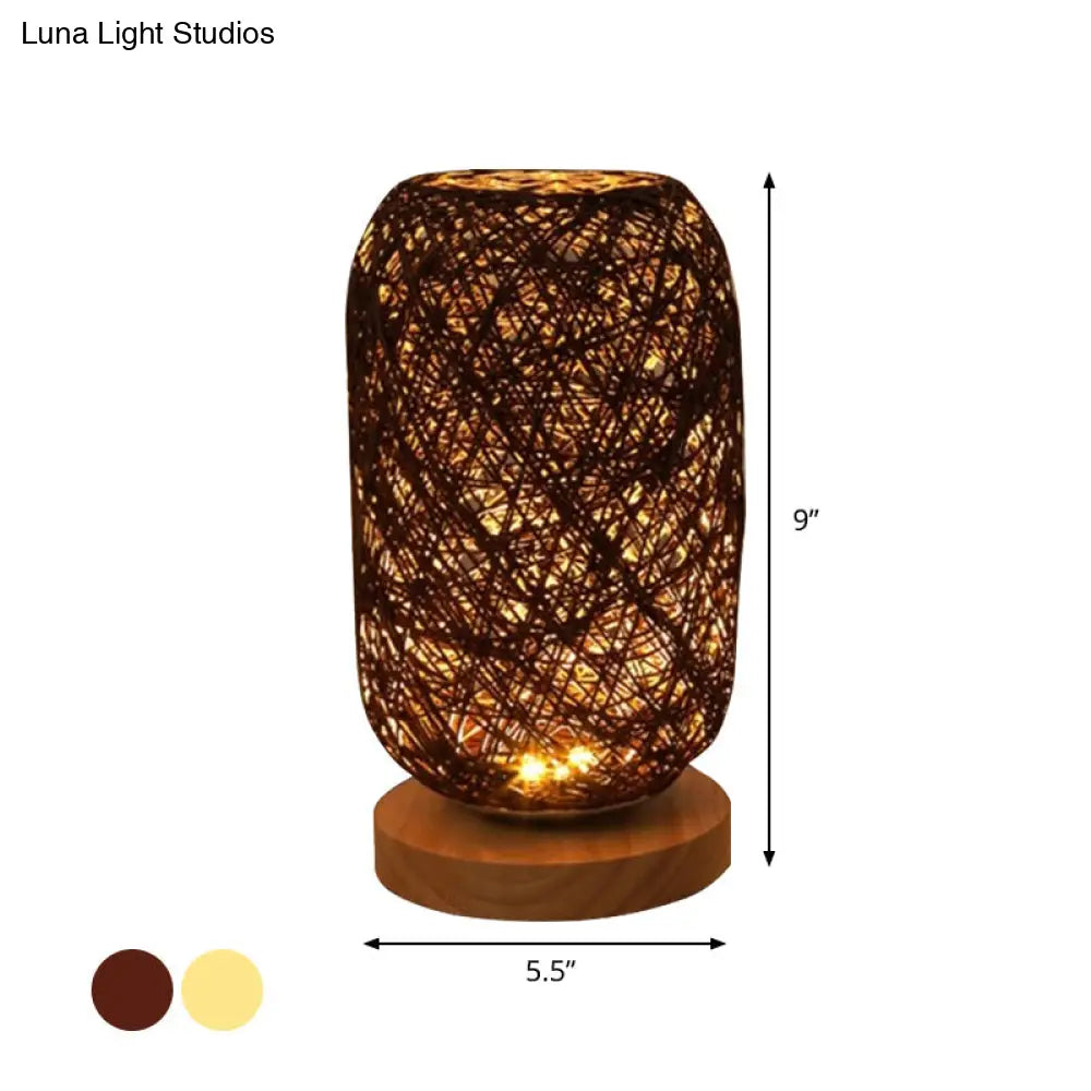 Modern Asian Bamboo Rattan Capsule Night Table Light - 1-Light Beige/Coffee Lamp