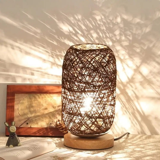 Modern Asian Bamboo Rattan Capsule Night Table Light - 1-Light Beige/Coffee Lamp Coffee