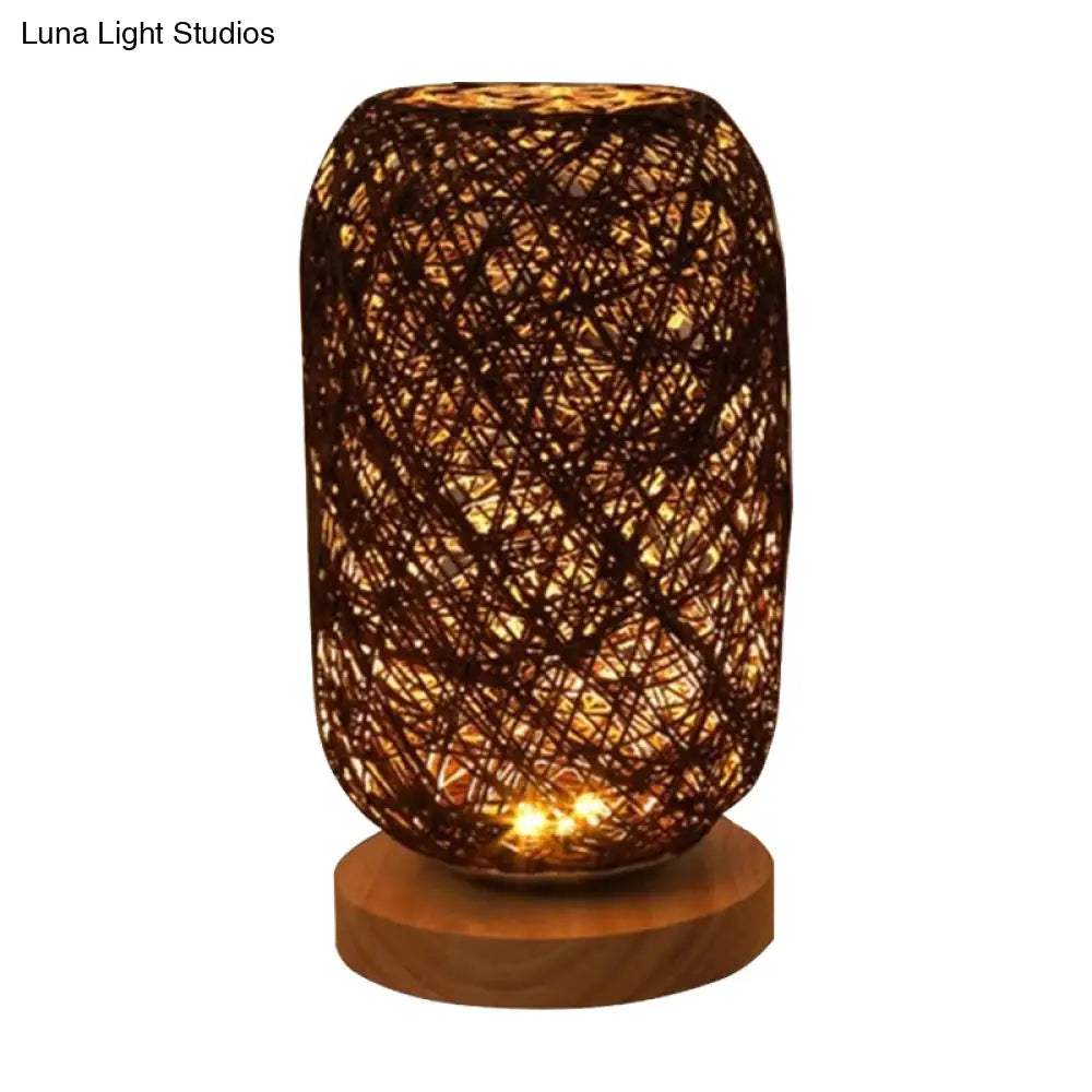 Modern Asian Bamboo Rattan Capsule Night Table Light - 1-Light Beige/Coffee Lamp