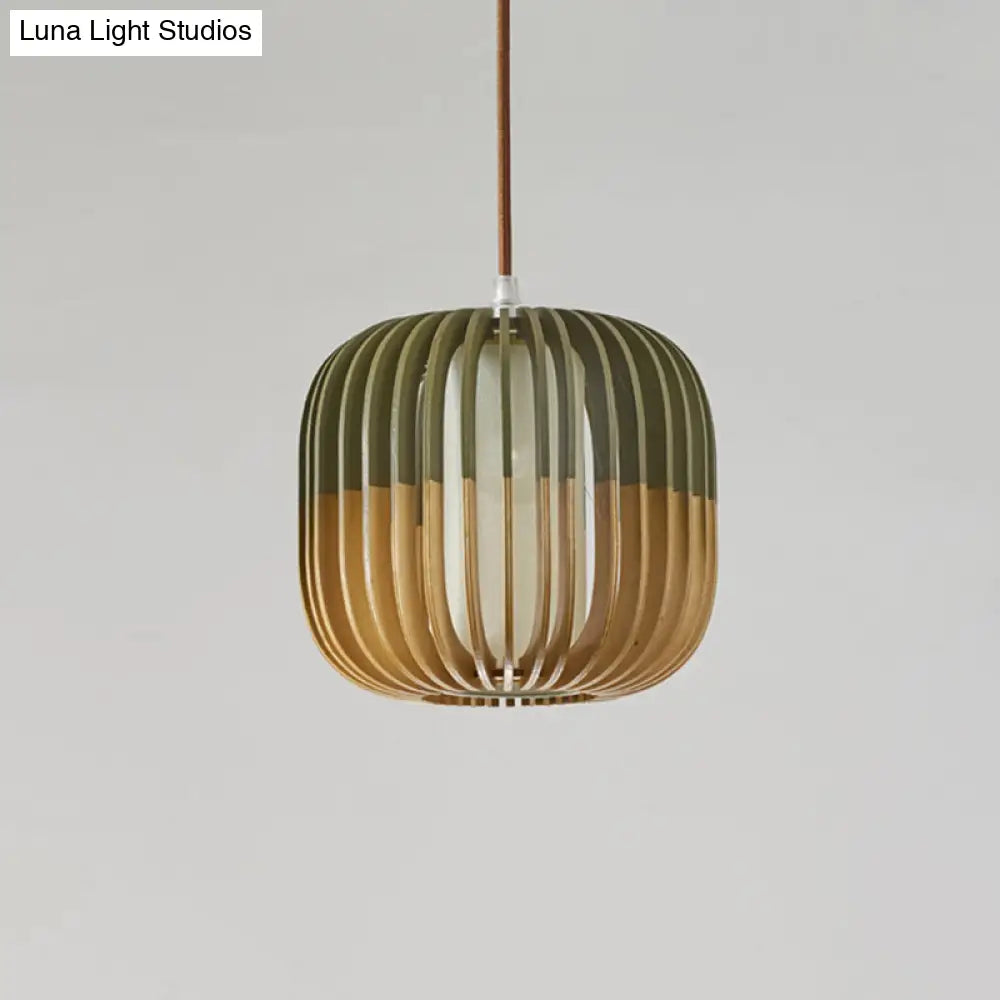 Modern Asian Bird Cage Ceiling Light - Wooden Single Pendant Lamp For Restaurants In Yellow-Green