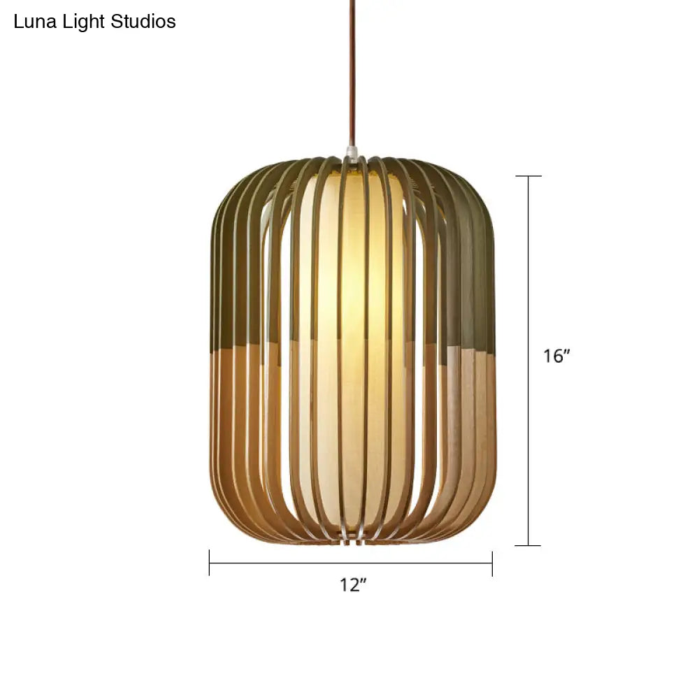 Modern Asian Bird Cage Ceiling Light - Wooden Single Pendant Lamp For Restaurants In Yellow-Green