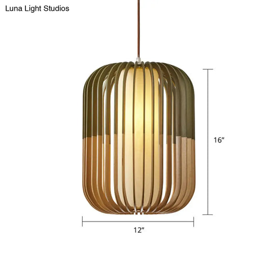 Modern Asian Bird Cage Ceiling Light - Wooden Single Pendant Lamp For Restaurants In Yellow-Green