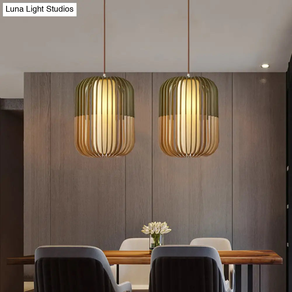 Modern Asian Bird Cage Ceiling Light - Wooden Single Pendant Lamp For Restaurants In Yellow-Green