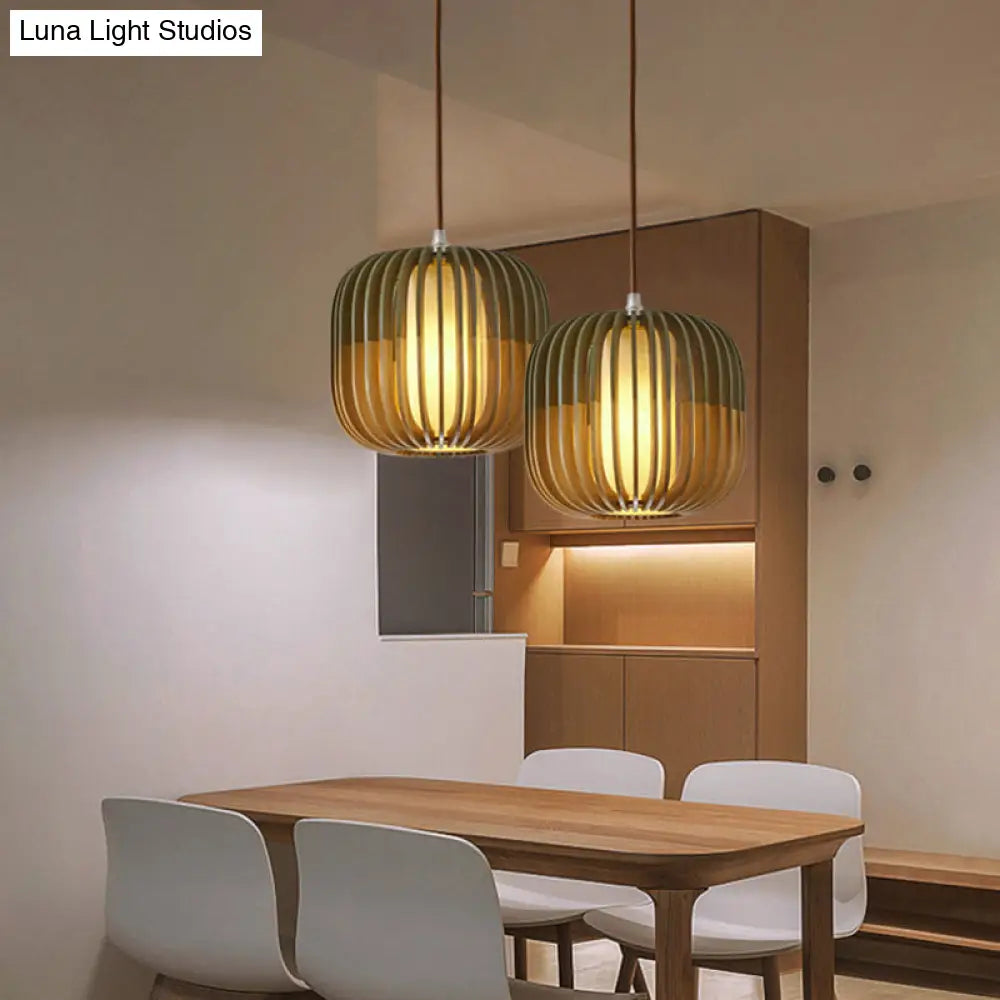 Modern Asian Bird Cage Ceiling Light - Wooden Single Pendant Lamp For Restaurants In Yellow-Green