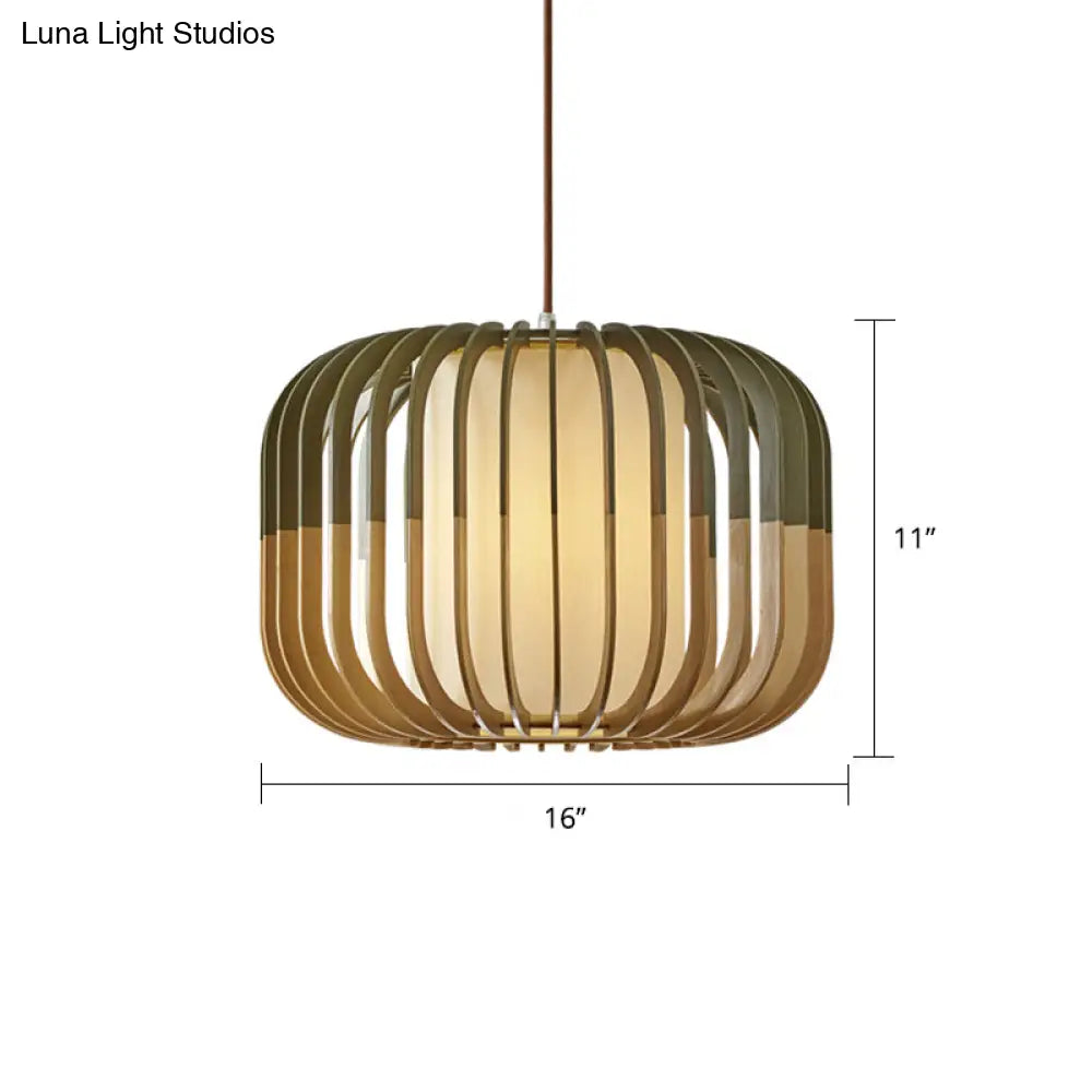 Modern Asian Bird Cage Ceiling Light - Wooden Single Pendant Lamp For Restaurants In Yellow-Green