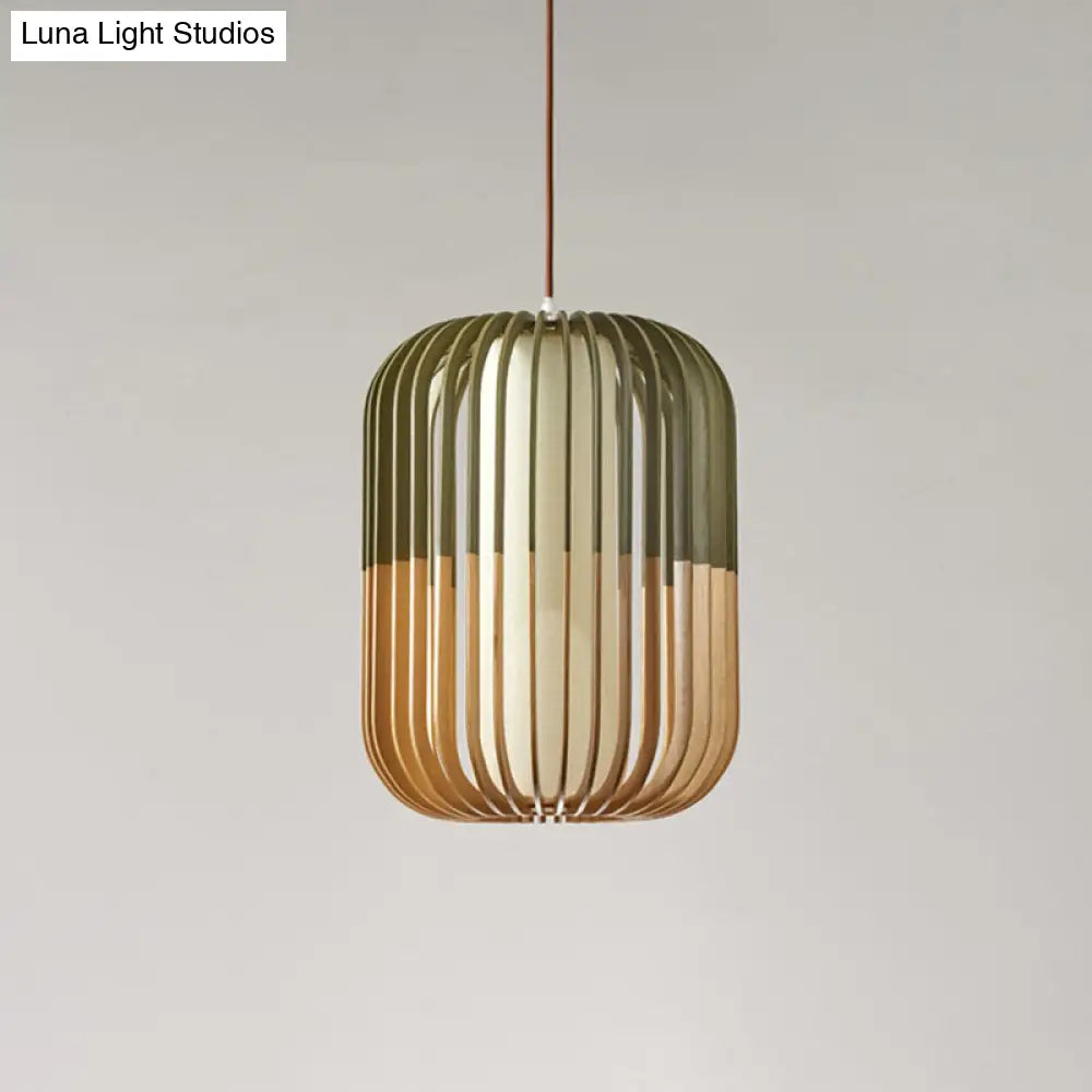 Modern Asian Bird Cage Ceiling Light - Wooden Single Pendant Lamp For Restaurants In Yellow-Green